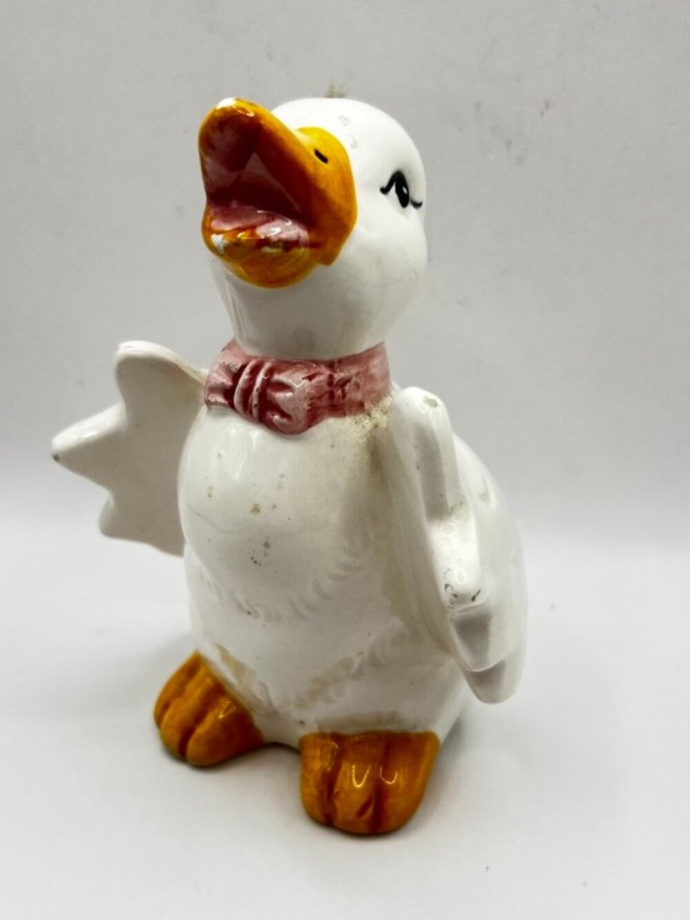 VTG Ceramic Duck Figurine Singing Baby Flapping Wings Pink Bow Cottage Core 5.5”